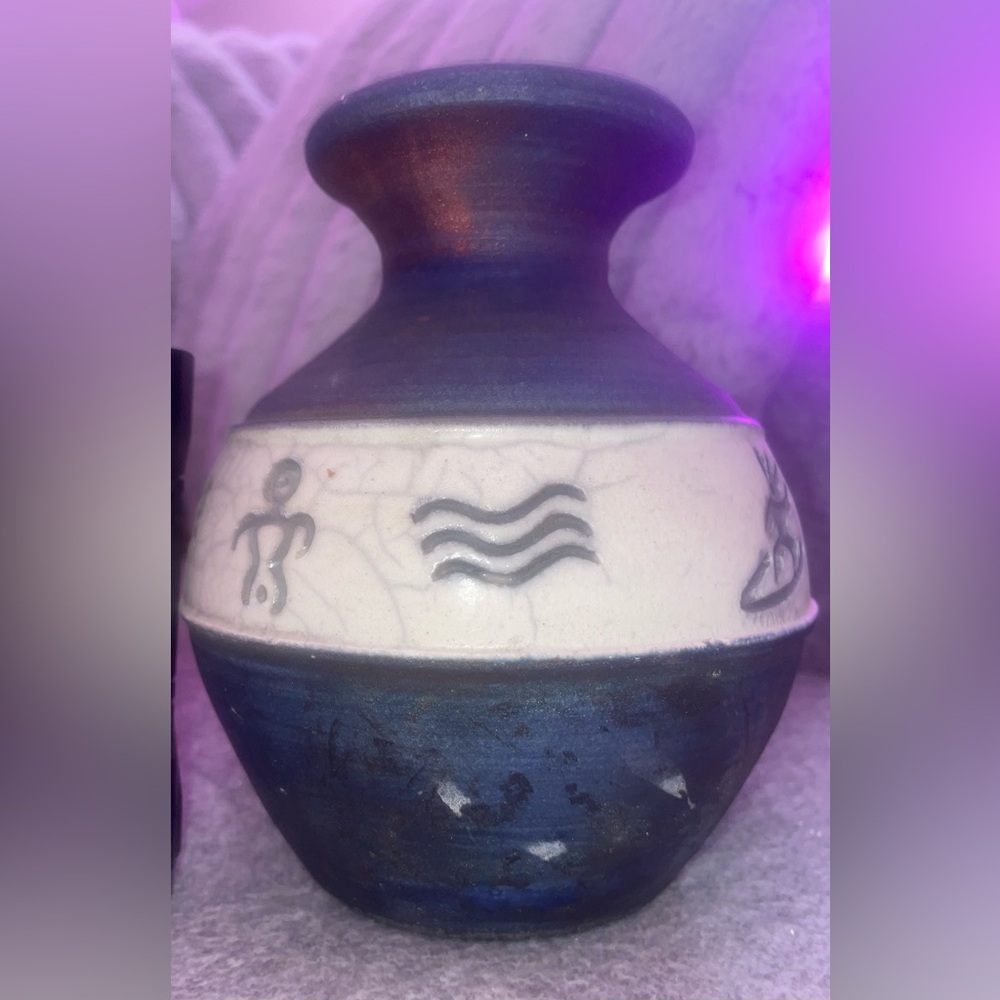 Hawaiian Petroglyph Raku Art Pottery Vase - Signed by Christopher Matti in 2000